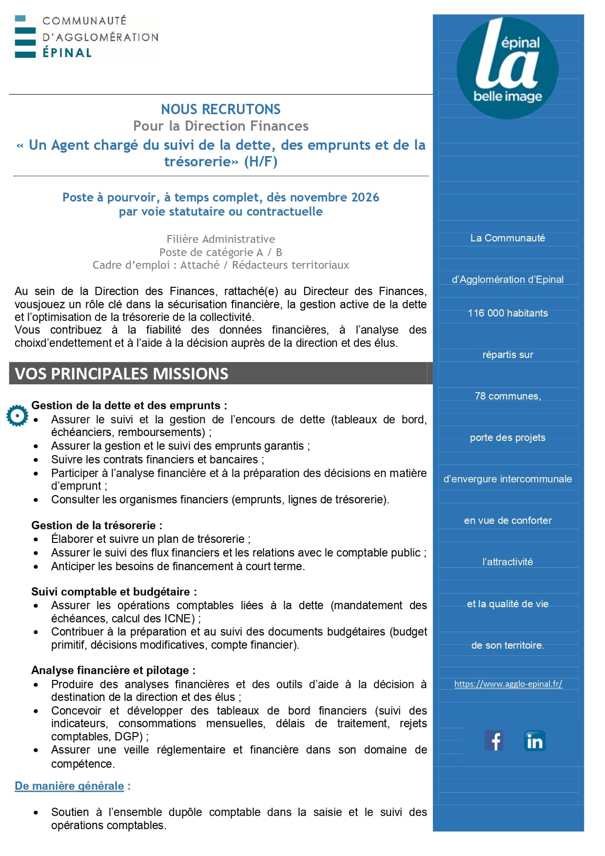 Agent(e) chargé(e) du suivi de la dette, des emprunts et de la trésorerie