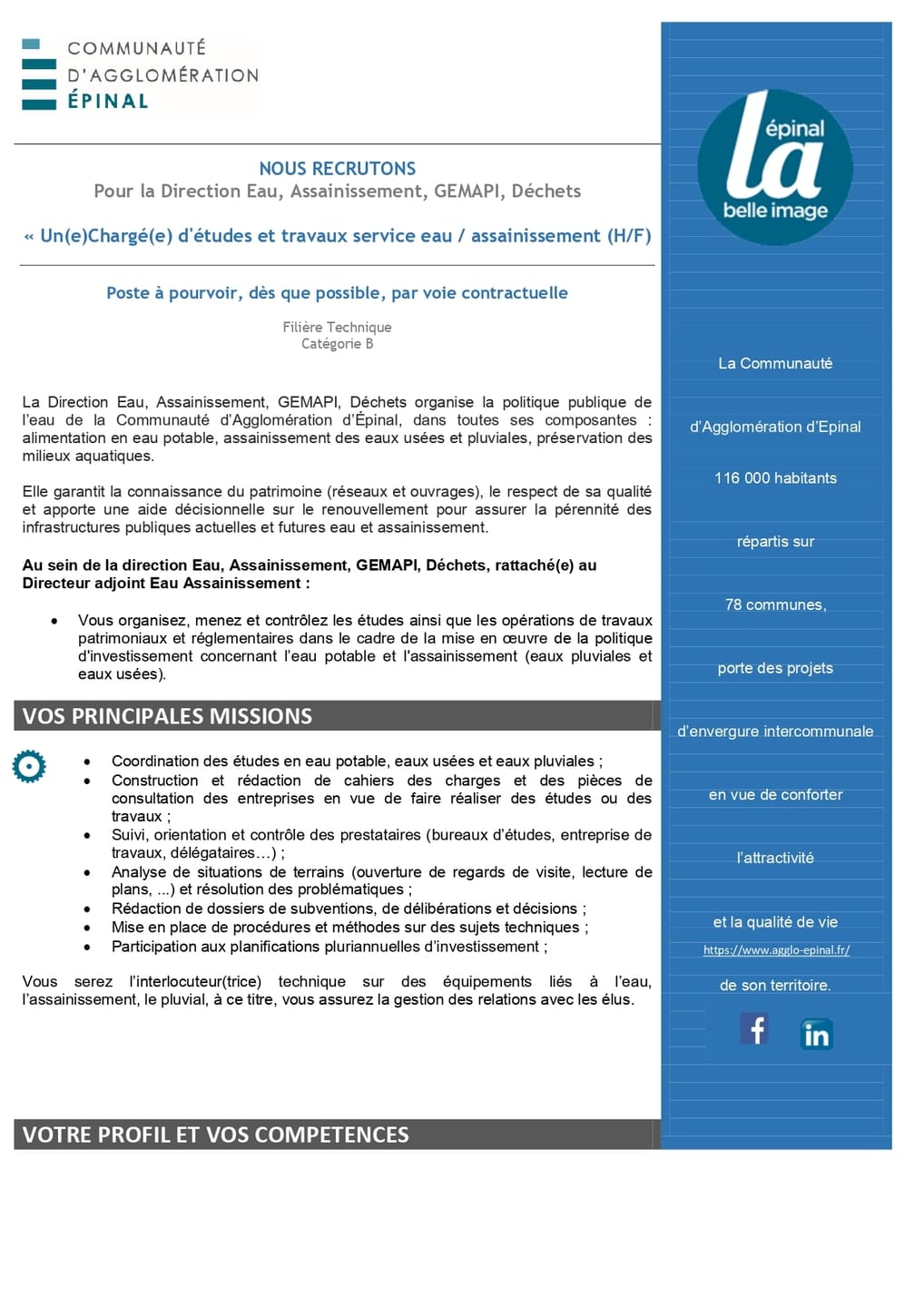 Un(e) chargé(e) d'études et travaux service eau / assainissement